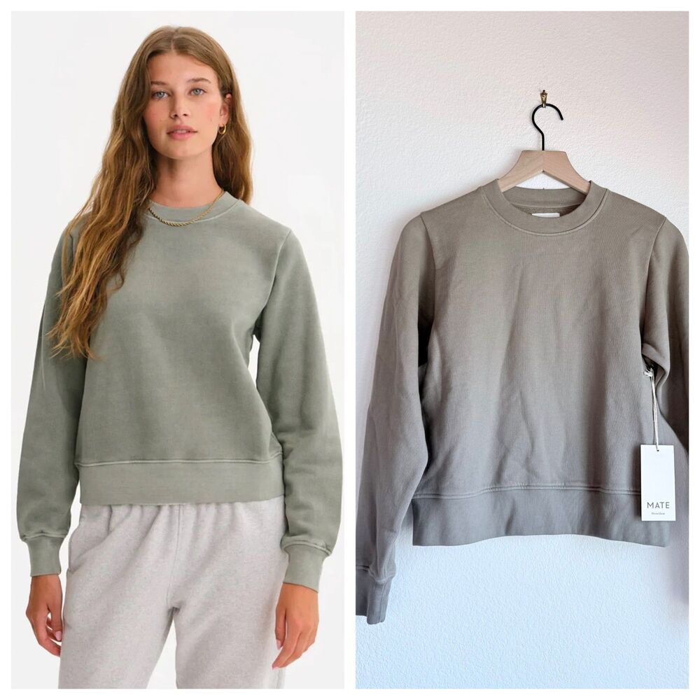 NEW MATE the Label Organic Fleece Shrunken Crew Neck Sweatshirt in Pebble Gray S